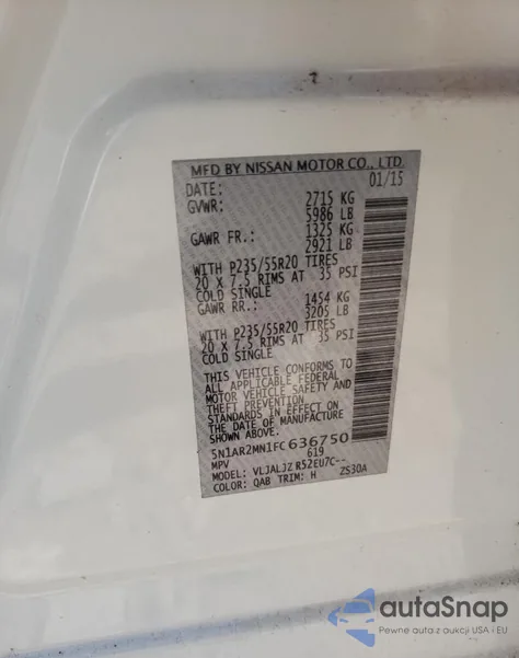 2015 Nissan Pathfinder S из США, поврежденный, VIN 5N1AR2MN1FC636750